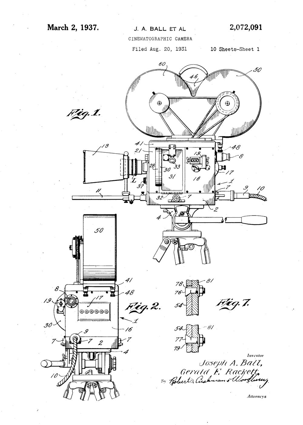 1937 cinematographic camera patent drawing by J. A. Ball and colleagues, U.S. Patent 2,072,091