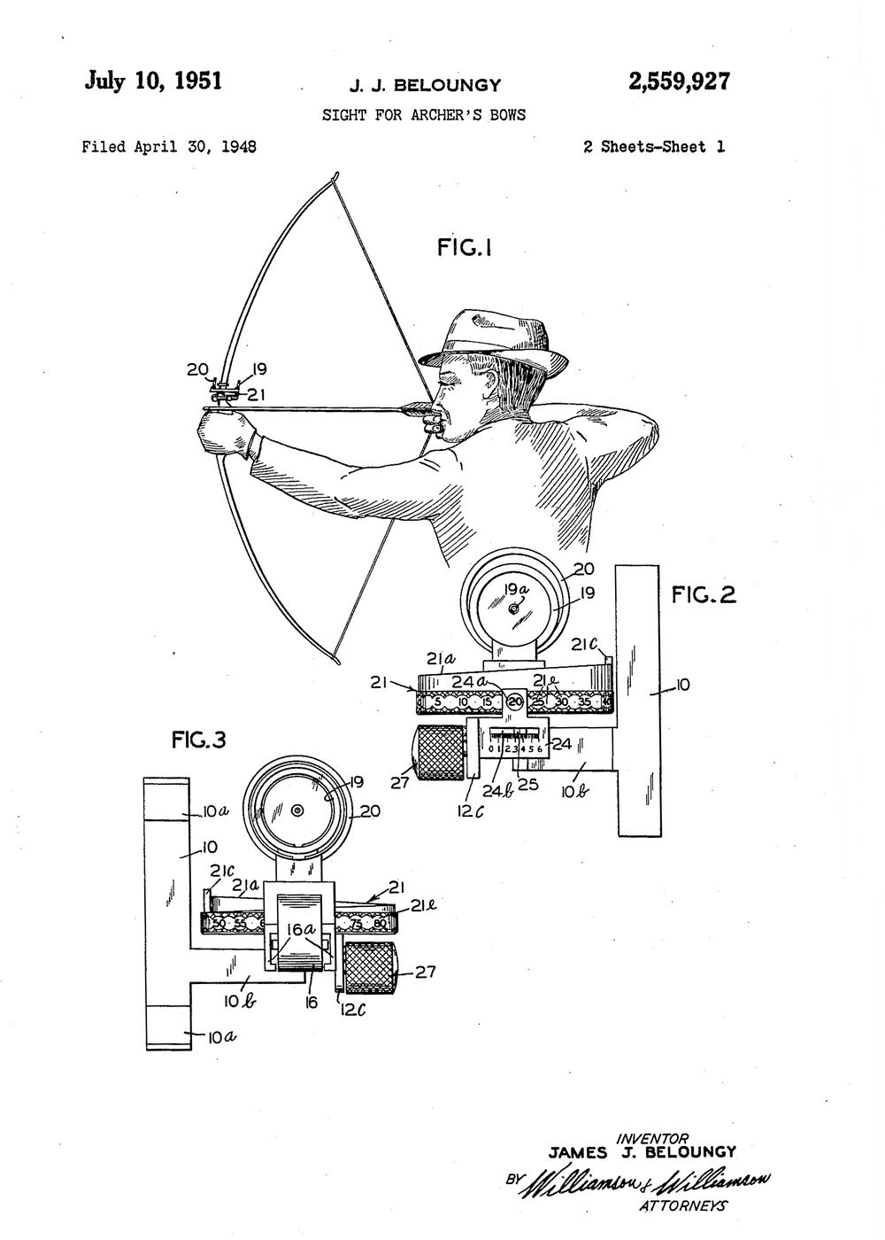1951 sight for archer's bows patent drawing by James J. Beloungy, U.S. Patent 2,559,927
