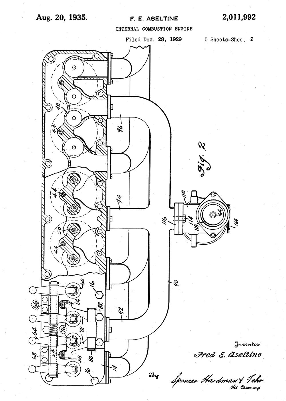 1935 internal combustion engine patent drawing by F. E. Aseltine, U.S. Patent 2,011,992